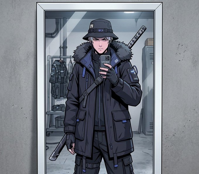 An anime-style illustration of a white-haired male character in tactical black winter gear with a fur-lined parka and bucket hat, taking a mirror selfie with a phone while holding weapons in an armory setting.
