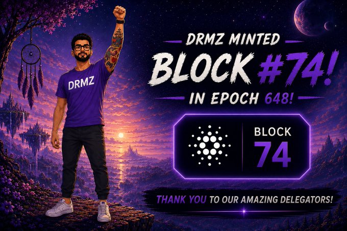 A promotional graphic featuring a man in a 'DRMZ' t-shirt announcing 'DRMZ MINTED BLOCK #74 IN EPOCH 648!'