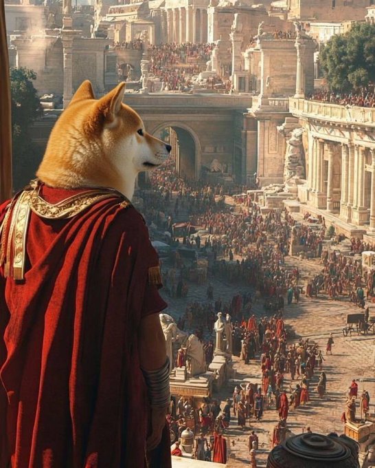 The image features a Shiba Inu dog wearing a red cape, standing on top of a building with an archway or doorway behind him. The dog appears to be looking out over a large crowd of people gathered below. The caption for this image reads "#DOGEUS 狗王正在思考如何更好的治理未来 #区块链 #MEME".