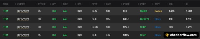 The image displays a trading options flow table for $TEM calls expiring 01/15/2027, highlighting several large block and sweep orders with strikes ranging from $50 to $95 and notable premiums totaling over $590K, which supports the post's claim of unusual call activity in the ticker.