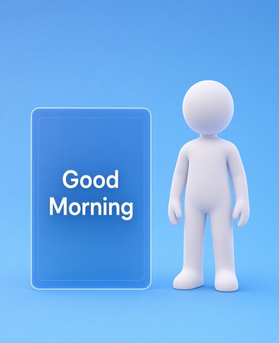 A simple 3D white figure stands next to a glowing blue card displaying 'Good Morning' against a blue gradient background.