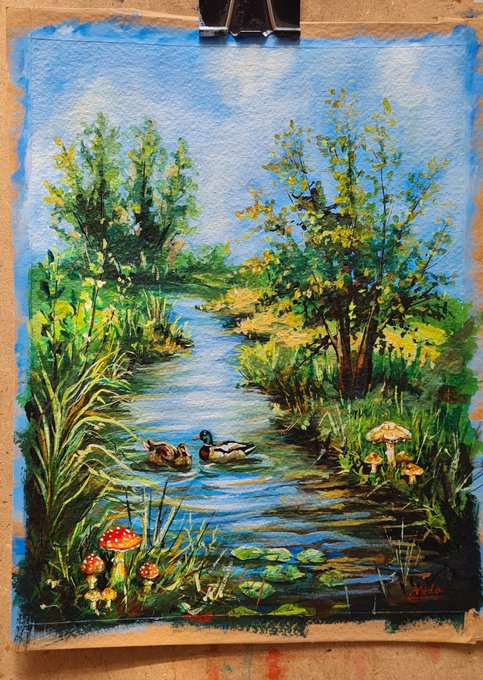 A vibrant landscape painting clipped to an easel, depicting a serene river with ducks, surrounded by lush trees, grasses, and red-spotted mushrooms.