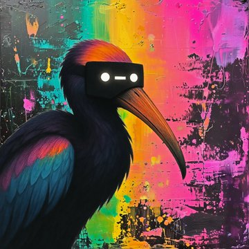 A vibrant digital painting of a black bird with rainbow-colored feathers wearing small black goggles against a colorful paint-splattered background.