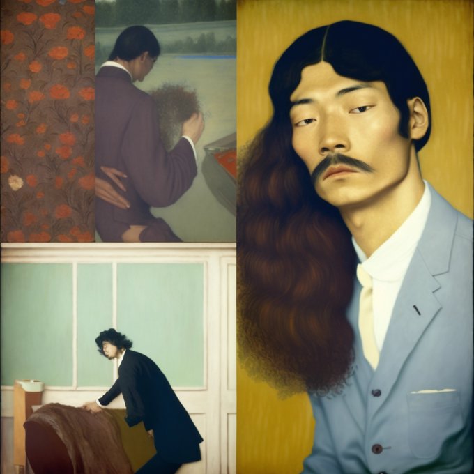 The image is a triptych collage featuring three paintings: a person in a purple suit against a floral wallpaper background in the upper left, a figure in a black suit bending over a brown object against a mint-green paneled wall in the lower left, and a detailed portrait of a person with long dark hair and a mustache in a blue suit on the right. The artistic, introspective composition of these contemplative figures visually echoes the heartfelt sentiment of the caption "to the person i once was," reinforcing themes of personal reflection and transformation.