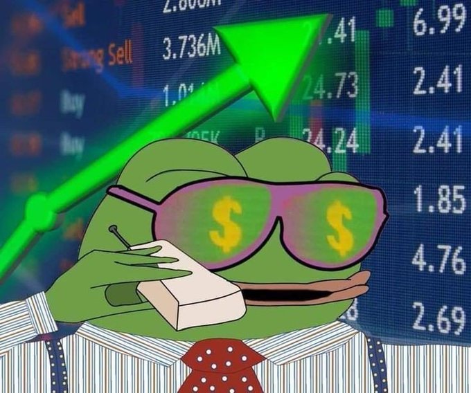 A Pepe the Frog meme wearing dollar-sign sunglasses and holding a phone, superimposed on a stock market display with a large green upward arrow.