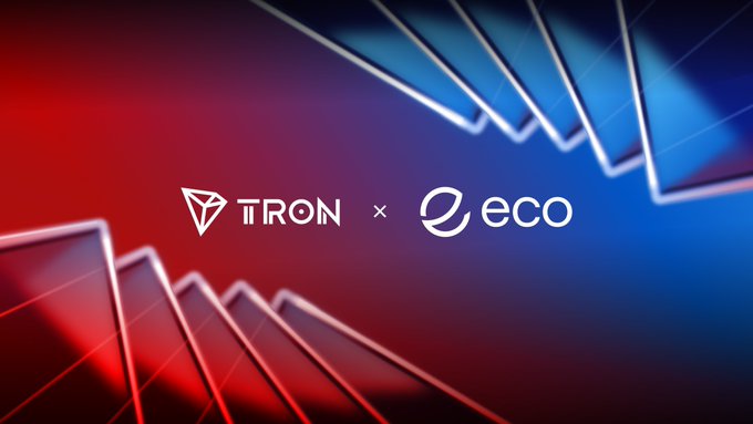 A promotional graphic featuring the logos for 'TRON' and 'eco' side by side against a background of blue and red geometric panels.