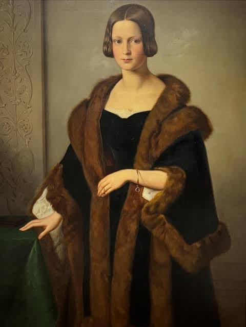 A classical portrait painting depicting a young woman with short dark hair wearing a dark dress and a brown fur stole.