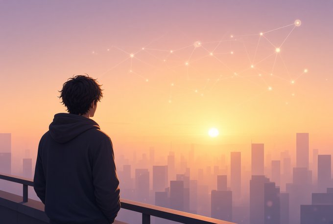 An anime-style illustration of a young man in a hoodie standing on a balcony, gazing at a hazy cityscape at sunset beneath a constellation-patterned sky.
