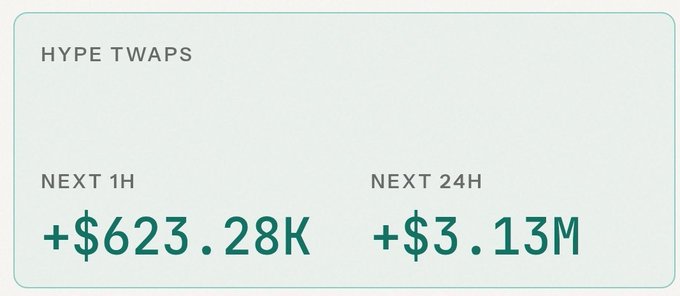 The image displays HYPE TWAP data showing $623.28K in buyback pressure over the next 1 hour and $3.13M over the next 24 hours, visually reinforcing the post's claim of approximately $3M in $HYPE buyback pressure within 24 hours.