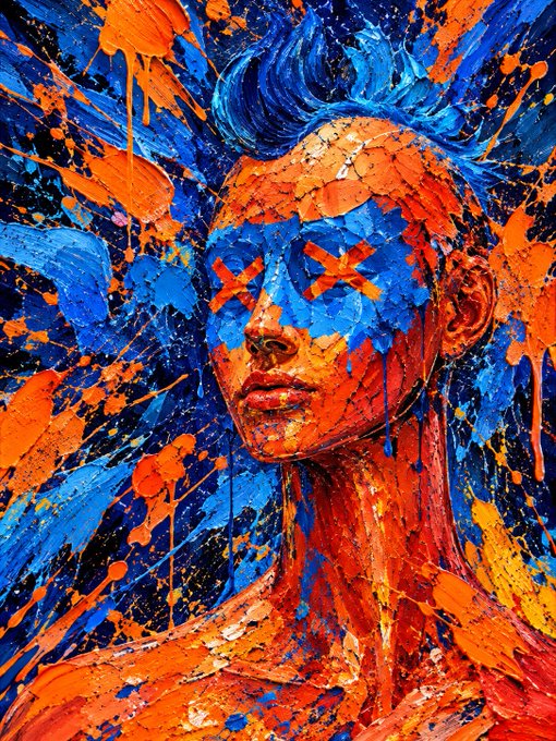 A vibrant, expressionistic oil painting of a woman's face rendered in thick impasto strokes of bright orange and blue, with X-shaped marks over her eyes and paint drips surrounding her portrait.