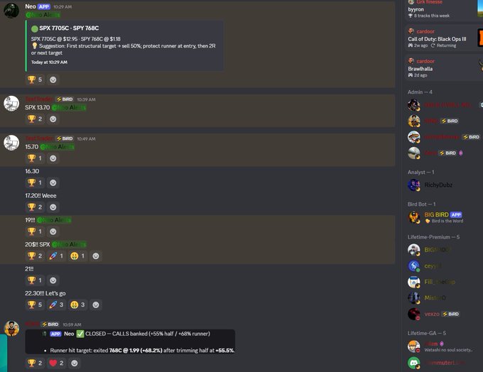 A Discord chat screenshot showing a 'BP' (Bird Bot) analysis for SPX 7705C with a structure note: 'sell 50%, protect runner at entry, then 2R or next target.'