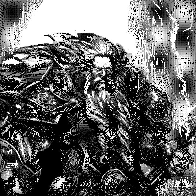A gritty, high-contrast black-and-white stippled illustration depicts a fierce, glowing-eyed dwarven warrior with long hair and armor, evoking dark fantasy intensity. The artwork complements the bold, giveaway-style post for @NyxboundNFT, lending a mythological, battle-ready aesthetic to the promotional call-to-action.
