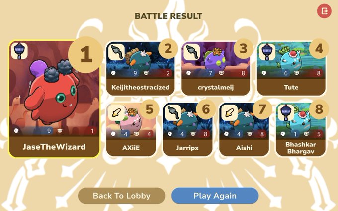 Battle Result screen from a game showing JaseTheWizard in 1st place with 9 points, followed by Keiitheostracized, crystalmeji, Tute, AXiiE, Jarripx, Aishi, and Bhashkar Bhargav in positions 2-8.