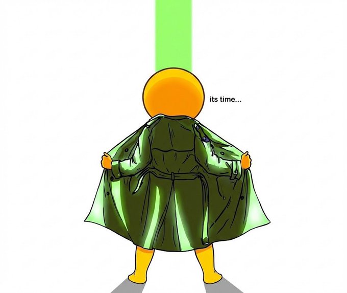 The image features an illustration of a person wearing a green coat, standing against a white background with their back facing the viewer. The person appears to be holding up a jacket or a piece of clothing, possibly indicating that they are about to put on something. The caption at the bottom of the image reads "It's time...", which suggests that it is a humorous statement related to the current situation.