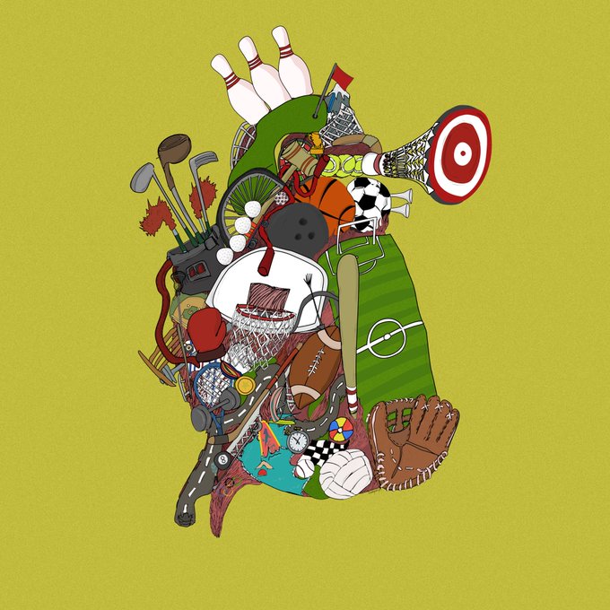 A collage illustration features various sports equipment including a bowling pin, basketball, soccer ball, baseball glove, and target arranged in the shape of a bowling pin.