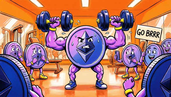 A muscular Ethereum coin character pumps heavy dumbbells in a gym while sweating, surrounded by smaller ETH coins cheering with phones and a "GO BRRR" sign. The image humorously depicts Ethereum's bullish strength and momentum as it gears up to break the $1,780 resistance and rally toward $2,200.