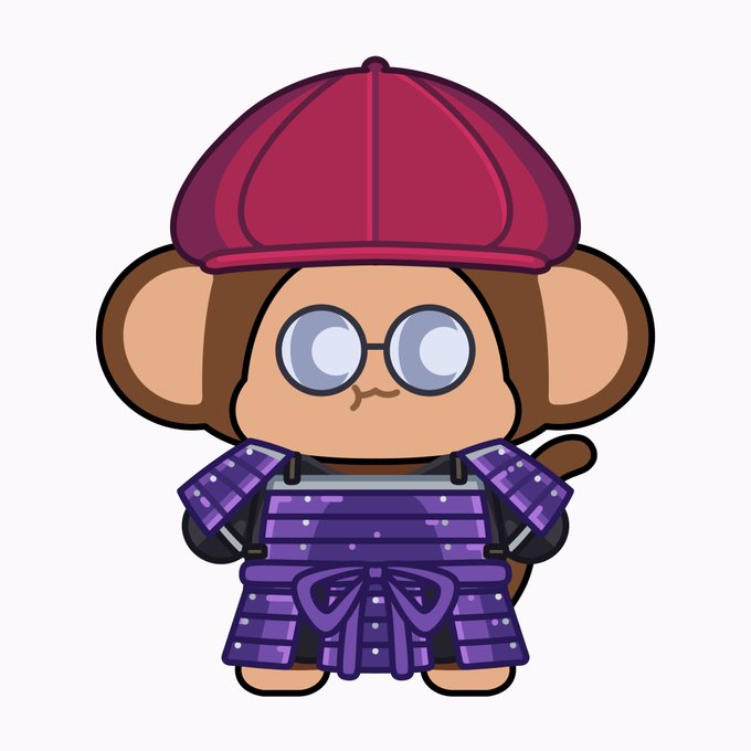 A cartoon monkey character wears a red cap, round glasses, and purple samurai armor.