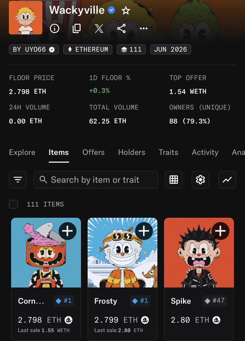 A mobile screen showing an NFT collection called "Wackyville" on Ethereum, with 111 items, a floor price of 2.798 ETH, and character cards including Corn..., Frosty, and Spike.