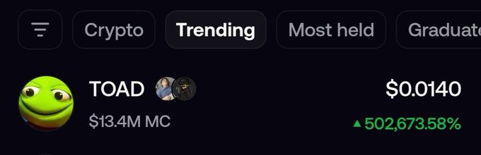 A crypto app screenshot showing the 'TOAD' token trending at $0.0140 with a market cap of $13.4M and a 502,673.58% increase.