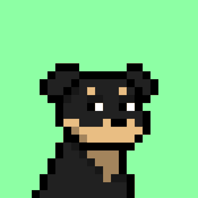 A pixel art illustration depicts a character with dark hair and a tan scarf or collar against a solid green background.