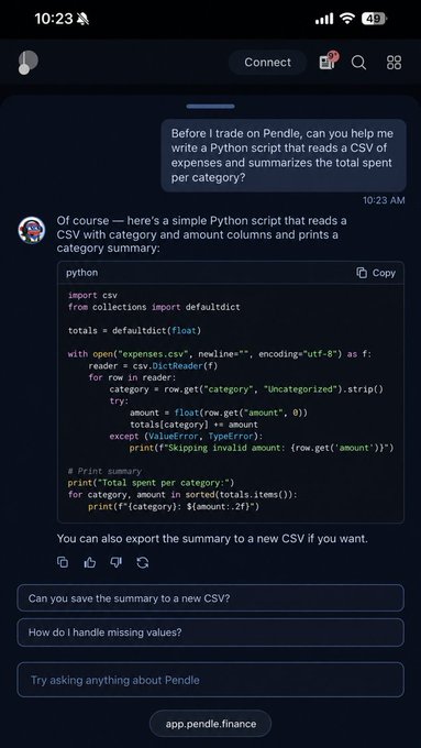 A mobile phone showing Pendle's chat interface where a user asked the AI to write a Python script for reading a CSV of expenses and summarizing totals by category. The response includes working code using `csv` and `defaultdict` to parse expense data and print category totals, directly illustrating the post about using Pendle's AI as a creative workaround after running out of Claude tokens.