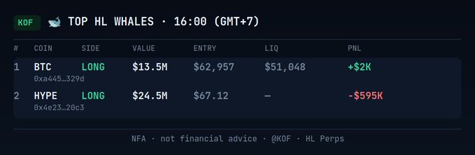A 'TOP HL WHALES · 16:00 (GMT+7)' leaderboard from KOF showing two traders: #1 with a BTC LONG at $13.5M value, $62,957 entry, $51,048 liquidation, and +$2K PnL; #2 with a HYPE LONG at $24.5M value, $67.12 entry, and -$595K PnL.