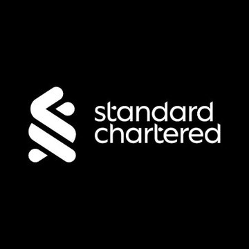 The Standard Chartered bank logo, featuring a stylized interlocking design next to the lowercase 'standard chartered' text, displayed on a black background.