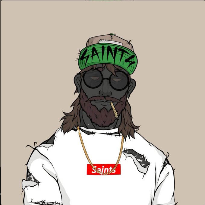 An illustrated portrait of a bearded man wearing a green 'SAINTS' visor, sunglasses, a white t-shirt with a red 'Saints' logo, and a gold chain, with a cigarette in his mouth.