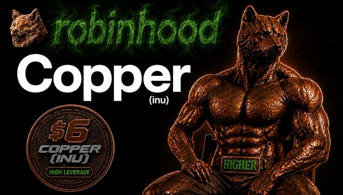 A promotional graphic for 'robinhood Copper (inu)' cryptocurrency featuring a muscular copper dog statue and a coin design with '$6 COPPER (INU)' and 'HIGH LEVERAGE' text.