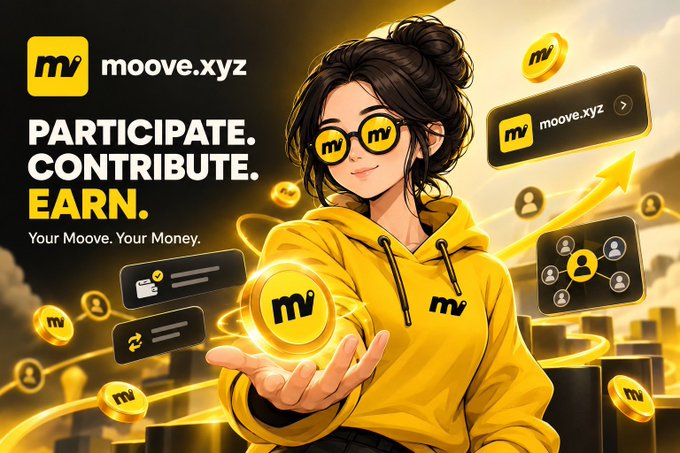 Promotional graphic for 'moove.xyz' with the slogan 'PARTICIPATE. CONTRIBUTE. EARN.' and 'Your Moove. Your Money.', featuring an anime-style character holding a coin alongside various app interface elements.