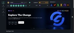 A dark-themed website homepage screenshot titled 'Explore The Change' featuring a blue circular logo and navigation menu, appearing to be a crypto or tech platform interface.