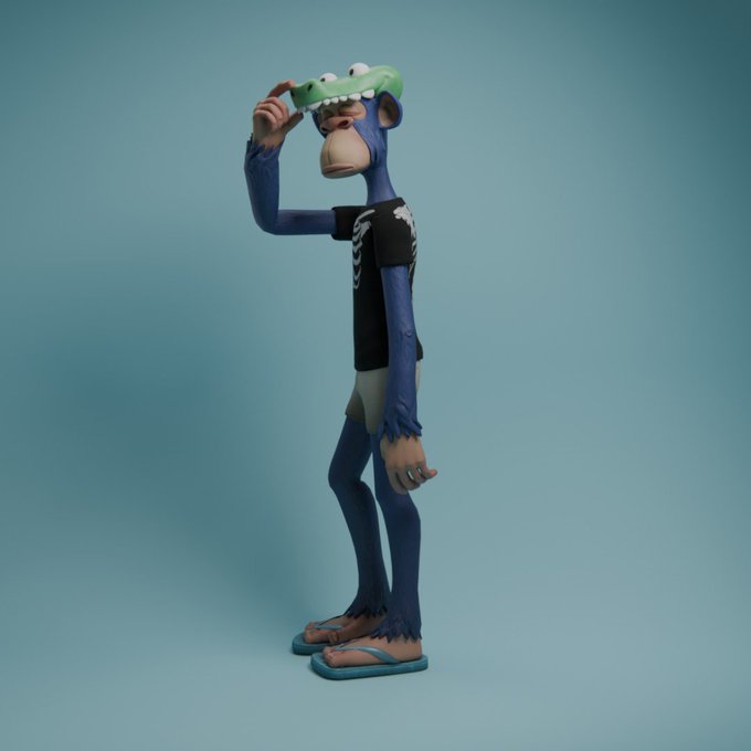 A 3D rendering of a blue-furred monkey character wearing a green crocodile hat, a black sleeveless shirt, and blue flip-flops, standing against a plain blue background.