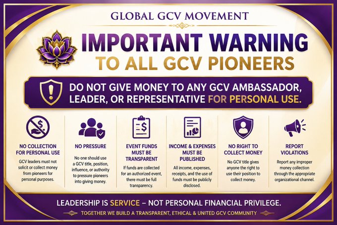 Promotional graphic titled 'GLOBAL GCV MOVEMENT - IMPORTANT WARNING TO ALL GCV PIONEERS' advising against giving money to ambassadors for personal use, listing six guidelines including 'NO COLLECTION FOR PERSONAL USE' and 'NO RIGHT TO COLLECT MONEY.'