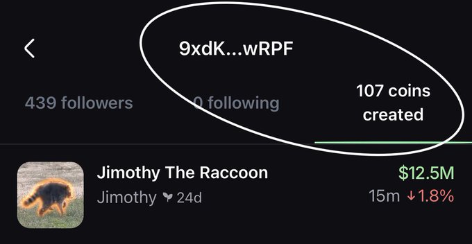A screenshot of a crypto/coin profile page showing a user with the handle '9xdK...wRPF', 439 followers, 107 coins created, and a token called 'Jimothy The Raccoon' with a market cap of $12.5M and a 1.8% decline.