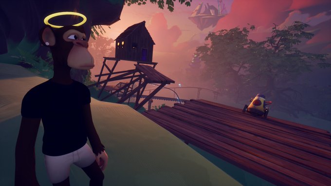 Video game screenshot featuring a monkey-like character with a glowing halo standing on a beach near a wooden dock and shack at sunset.