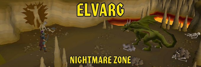 A player character faces off against the green dragon Elvarg in a cave setting, with bold text reading "ELVARG" at the top and "NIGHTMARE ZONE" at the bottom. The artwork is a RuneScape-inspired scene depicting the iconic battle, serving as the banner image for the Solana token $ELVARG on Moby.