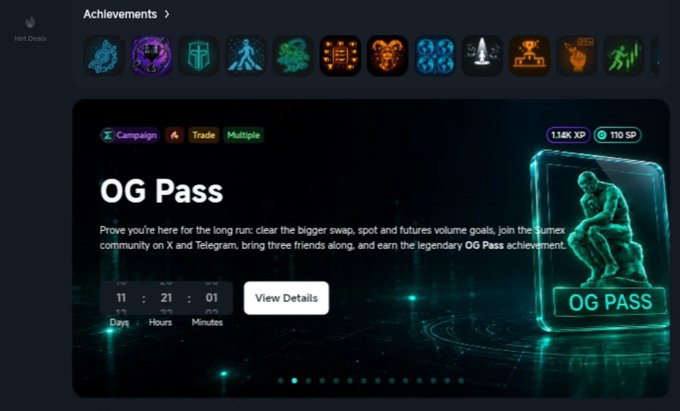 A digital achievements page showing various badges and an 'OG Pass' campaign promotion offering 1.14K XP and 110 SP, with a countdown timer showing 11 days, 21 hours, and 01 minute remaining.