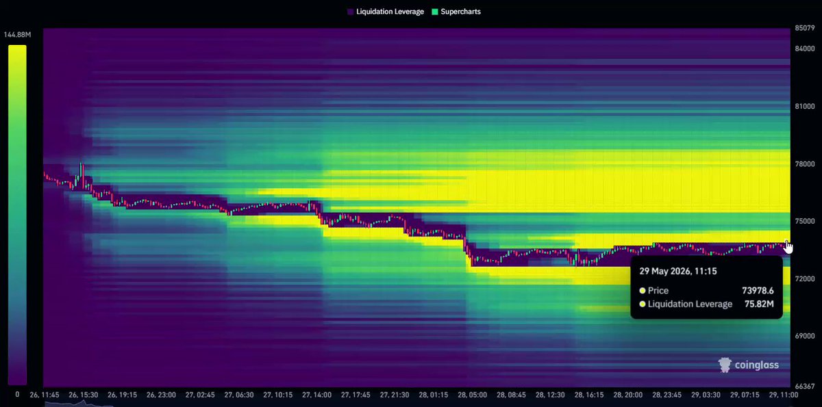 The image shows a chart or graph with the price of Bitcoin at $74,500 and two other cryptocurrency prices - Ether (ETH) and another cryptocurrency called 3x altcoins. The chart displays both positive and negative trends, indicating fluctuations in the market value of these coins over time. There is also a button below the chart that allows viewers to see more specific details or data about each coin, providing a comprehensive understanding of the current state of the market.