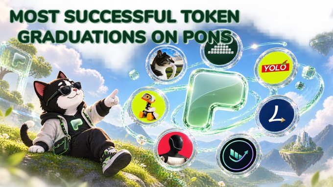 An illustrated cat wearing sunglasses and a black hoodie with a green "P" logo points toward floating translucent orbs displaying various token symbols (including "YOLO," "L," and other stylized icons) against a fantasy landscape, with bold green text reading "MOST SUCCESSFUL TOKEN GRADUATIONS ON PONS," visually representing the post's mention of Pons's rapid growth as a roughly 52-day-old platform featuring a few hundred thousand to 4 million+ created tokens, with only around 824 successful graduations highlighted.