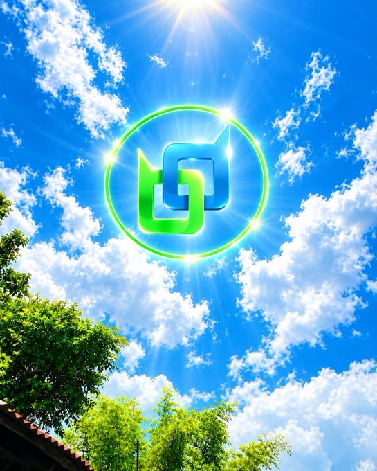 A glowing green and blue circular logo with interlocking geometric shapes hovers in a bright blue sky filled with white clouds, sun rays, and tree foliage at the bottom.