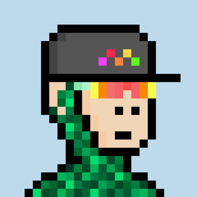 A pixel art character with a green shirt and dark hat featuring colorful squares, paired with text celebrating the purchase of 14 "Internet Monkes" NFTs and praising the art and green color scheme.