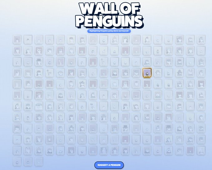 A digital collection titled 'WALL OF PENGUINS' displays a grid of highlighted penguin NFTs going above and beyond, with one selected penguin highlighted and a 'SUGGEST A PENGUIN' button at the bottom.