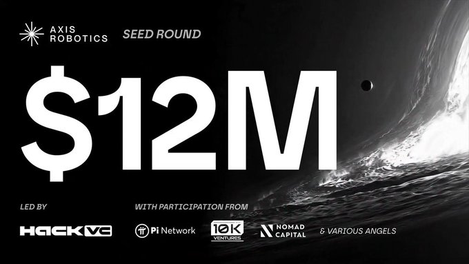 The image is a black-and-white announcement graphic for Axis Robotics' "$12M SEED ROUND," led by HackVC with participation from Pi Network, 10K Ventures, Nomad Capital, and various angels, featuring a moon/planet illustration. The caption corresponds with the post's claim of a $12M raise led by Hack VC, while the "AXIS" ticker reference aligns with the company's branding shown in the logo.