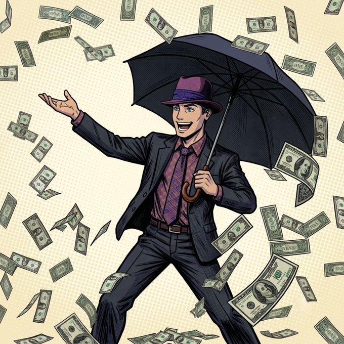 A dapper man in a purple fedora and suit joyfully holds an umbrella as dollar bills rain down around him, symbolizing financial success. The illustration perfectly complements the cheerful "GM and have a happy weekend" message with its upbeat, money-falling vibe.