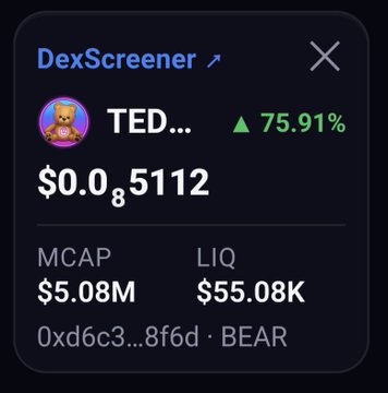 A DexScreener price card displays the token "TED..." (contract 0xd6c3...8f6d) labeled BEAR at $0.05112, up 75.91%, with a $5.08M market cap and $55.08K liquidity—reflecting the bullish momentum referenced in the "I BEarlieve $BEAR #pulsechain" post.