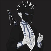 A digital illustration of a dark, masked character with spiked hair, piercing blue eyes, and a white skeletal-themed outfit holding a sword, likely representing a stylized NFT profile artwork shared in a crypto giveaway post by @_alphavault tagging winners @FaveSummy, @fameidentity2, and @franklinblinksX for future whitelist spots.