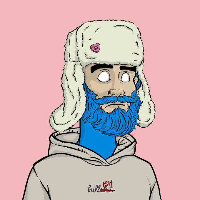 A cartoon-style illustration features a blue-skinned character with a bright blue beard, blank white eyes, and a large fluffy white ushanka hat with a "For When You're Lonely" heart pin, wearing a grey hoodie with the "BullshitISH" logo. The character embodies the "We are all HMN5" message from @HMN5_NFT, presenting an unconventional, humanized NFT persona that conveys a sense of isolation or emotional detachment.