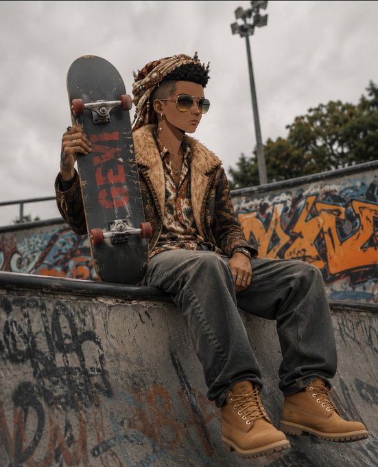A stylish person in a fur-collared jacket, sunglasses, and dreadlocks sits at a graffiti-covered skatepark holding a skateboard with 'RAW' written on it.