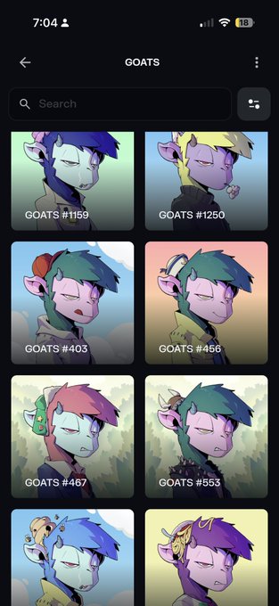 A mobile app screen displaying a collection of NFT goat avatars labeled "GOATS," with visible listings like "GOATS #1159," "GOATS #1250," "GOATS #403," "GOATS #466," "GOATS #467," and "GOATS #553."