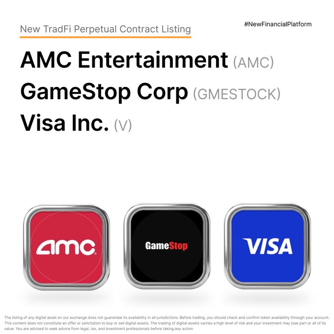 The image is a Bybit announcement promoting new TradFi perpetual contract listings for AMC Entertainment (AMC), GameStop Corp (GMESTOCK), and Visa Inc. (V), featuring their respective brand logos alongside the "#NewFinancialPlatform" hashtag and trading disclaimers.